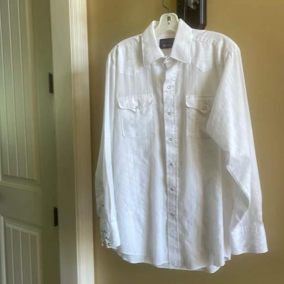 Panhandle Slim Pearl Snap Long Sleeve White With Silver Threading Size 16-35 - Picture 9 of 13